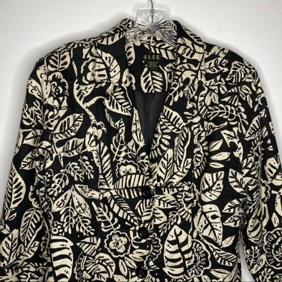 ELCC Blazer Womens M Black Cream Batik Leaf Floral Print 3 Button Jacket Vintage - Picture 3 of 8